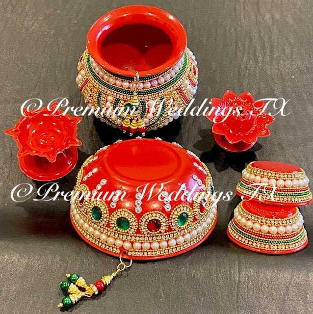 Red Puja Thali Set / Haldi Set - Premium Weddings TX