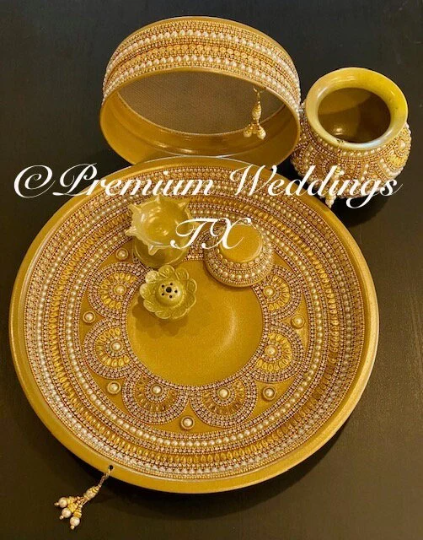 Gold Pearl Karwa Chauth Thaali Set - Premium Weddings TX