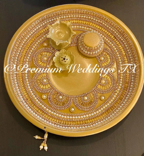 Gold Pearl Karwa Chauth Thaali Set - Premium Weddings TX