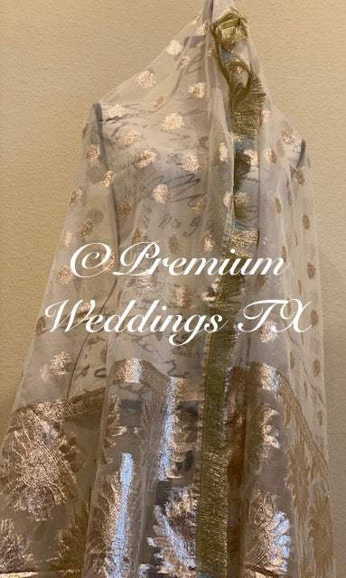 White Pastel Rose Gold Banarsi Dupatta - Premium Weddings TX