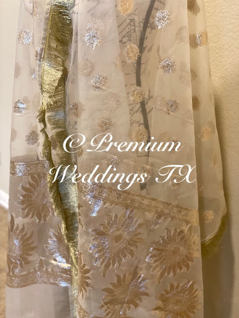 White Pastel Rose Gold Banarsi Dupatta - Premium Weddings TX