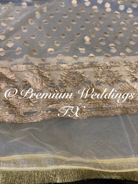 White Pastel Rose Gold Banarsi Dupatta - Premium Weddings TX