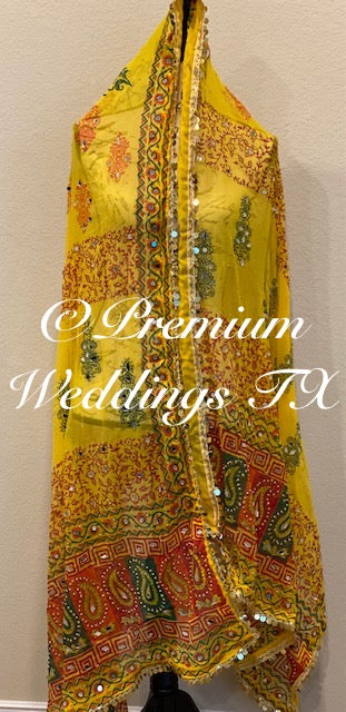 Yellow Block Print Mirror Work Dupatta - Premium Weddings TX