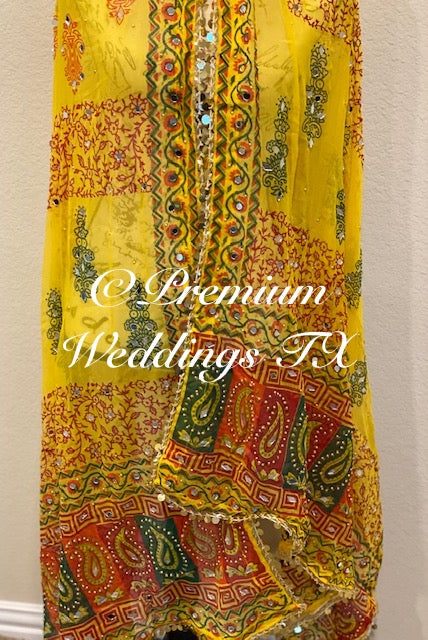 Yellow Block Print Mirror Work Dupatta - Premium Weddings TX