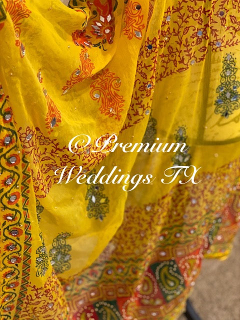 Yellow Block Print Mirror Work Dupatta - Premium Weddings TX