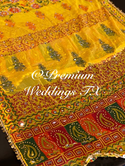 Yellow Block Print Mirror Work Dupatta - Premium Weddings TX