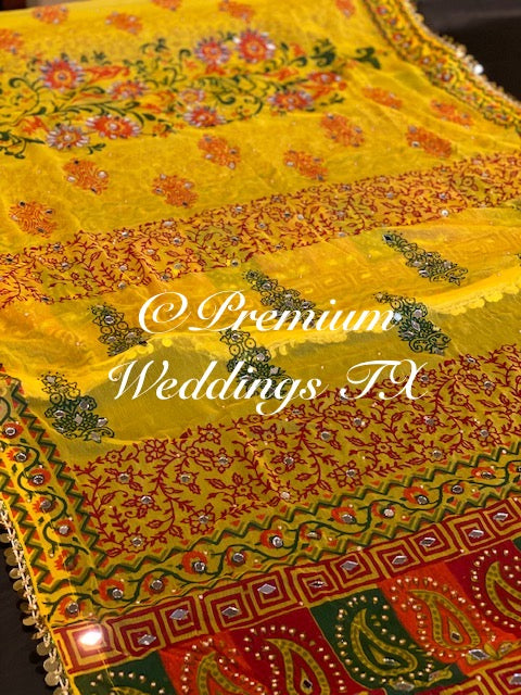 Yellow Block Print Mirror Work Dupatta - Premium Weddings TX