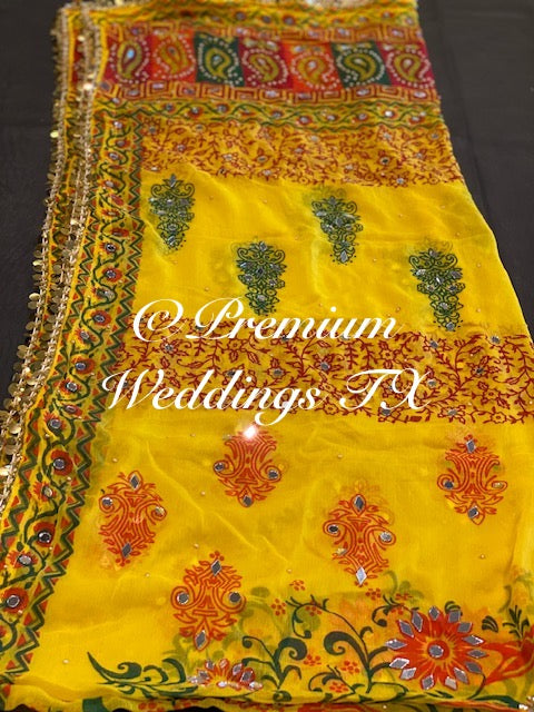 Yellow Block Print Mirror Work Dupatta - Premium Weddings TX