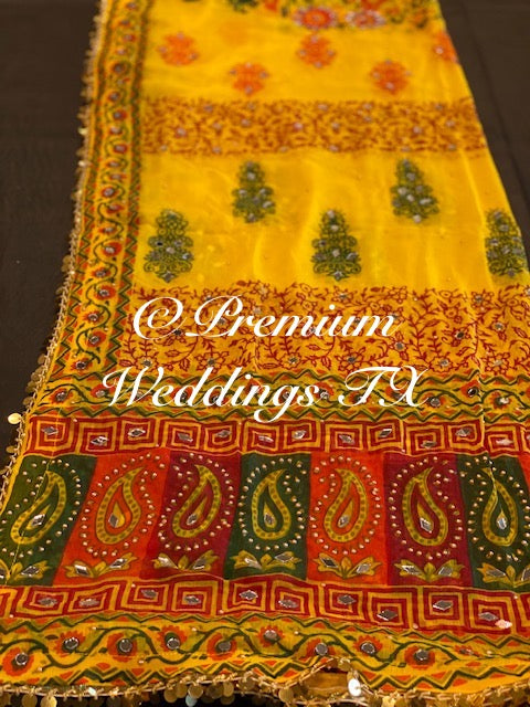 Yellow Block Print Mirror Work Dupatta - Premium Weddings TX