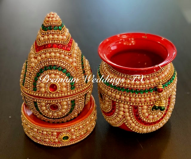 Red Green Kalash With Coconut Cover - Red Base Color - Premium Weddings TX