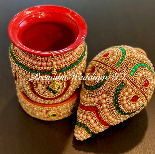 Red Green Kalash With Coconut Cover - Red Base Color - Premium Weddings TX