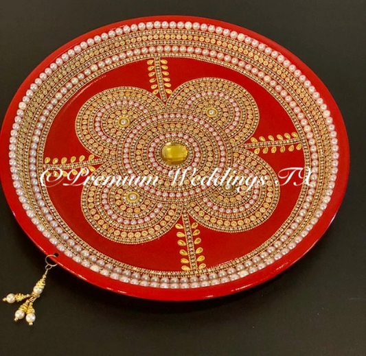 Red Clover Pearl Embellished Thaal - Premium Weddings TX