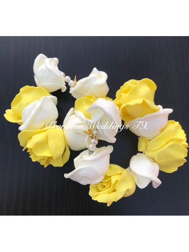 Lemon Yellow Rose Bud Gajra Set - Premium Weddings TX