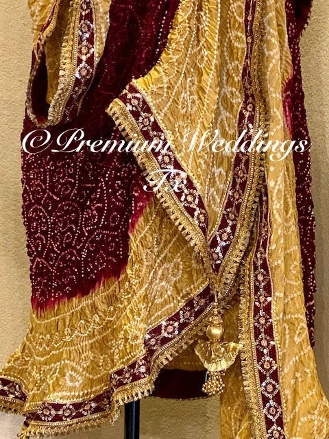 Maroon & Gold Bandhini Dupatta - 1Ct - Premium Weddings TX