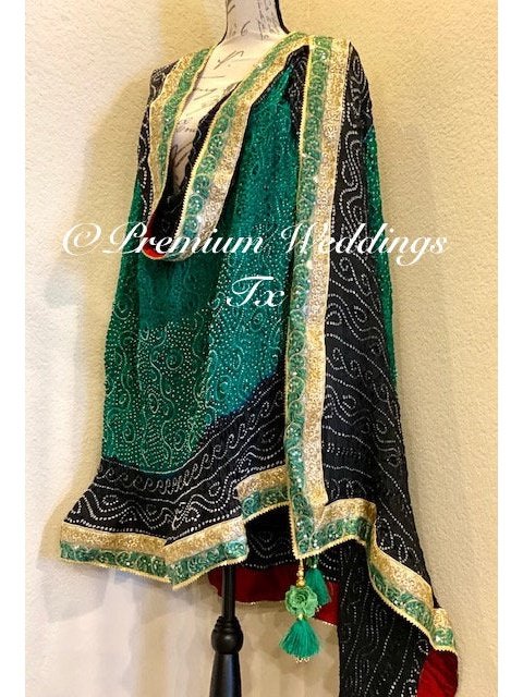 Green & Black Bandhini Dupatta - 1Ct - Premium Weddings TX