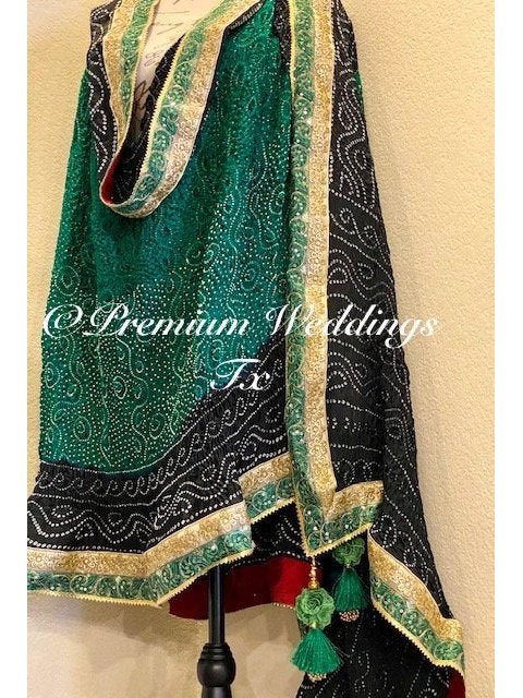 Green & Black Bandhini Dupatta - 1Ct - Premium Weddings TX