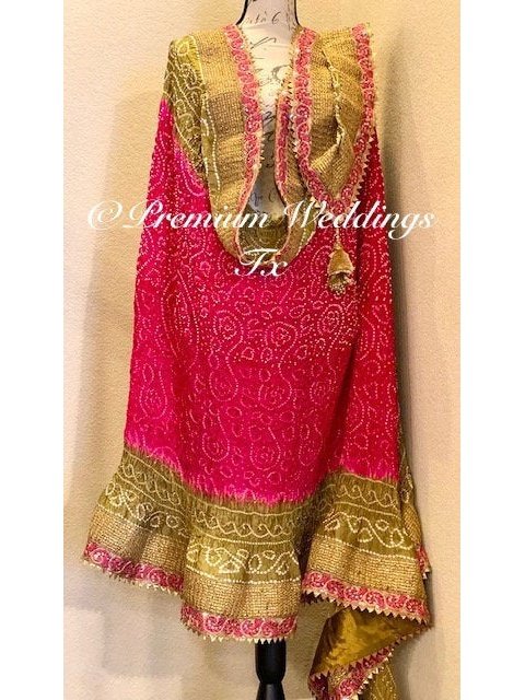 Pink & Gold Bandhini Dupatta - 1Ct - Premium Weddings TX